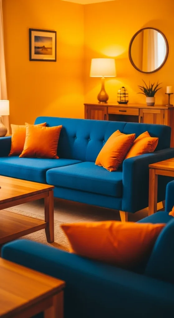 8 Blue Couch Living Room Ideas for the Best Look Blue couch styled with warm wall tones and wooden accents