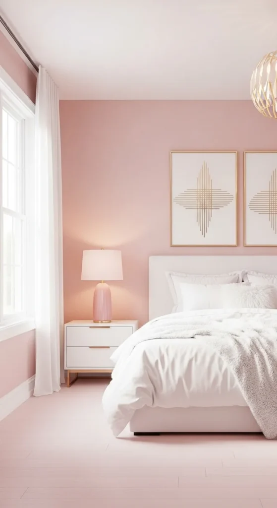 7 Girl Bedroom designs In Pink That Keep It Subtle Blush pink bedroom with white bedding and blush lighting