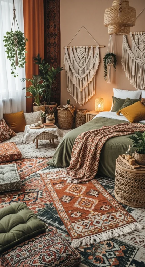 6 Earthy Bedrooms for Cozy Vibes Bohemian bedroom with earthy textiles and cozy reading nook