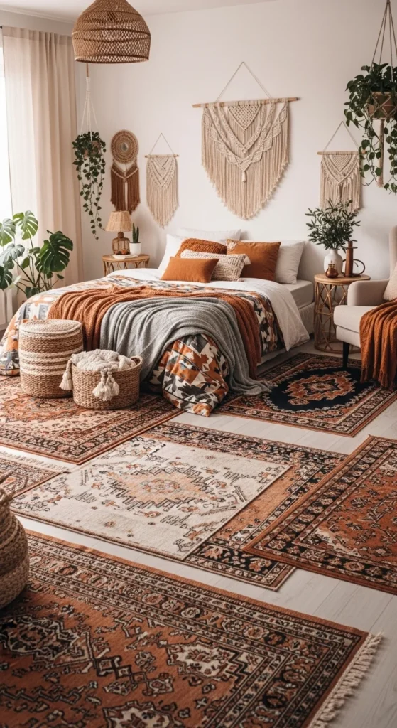 7 Modern Bohemian Bedroom Decor Ideas Bohemian bedroom with layered rugs and bedding