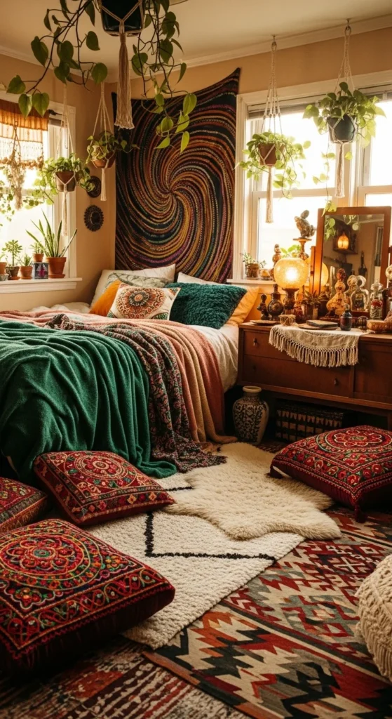 6 Modern Bedroom Ideas to Suit Every Style Bohemian bedroom with vibrant rugs, tapestry, and indoor plants