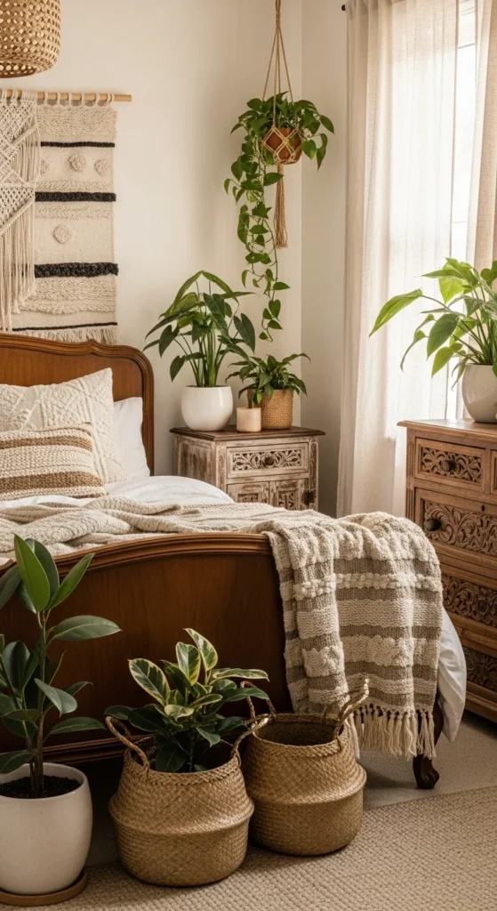 7 Modern Bohemian Bedroom Decor Ideas Bohemian bedroom with wood furniture and lush houseplants