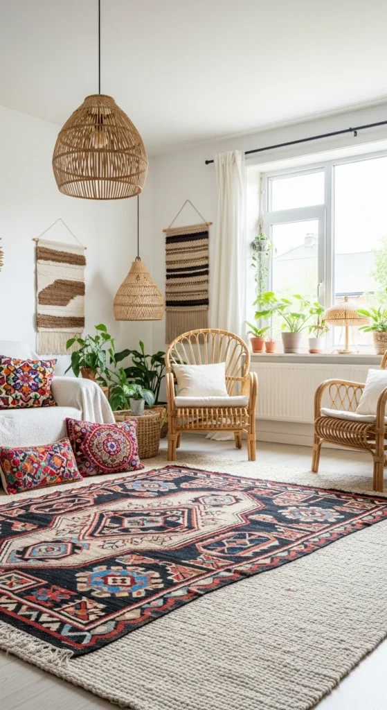 7 Stunning Living Room Rug Designs That Will Transform Your Space Bohemian living room with a colorful vintage Kilim rug