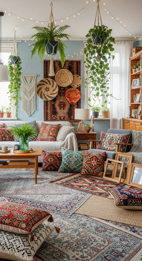 6 Light Blue Living Rooms That Feel Cool & Cozy Bohemian living room with light blue walls and layered textiles