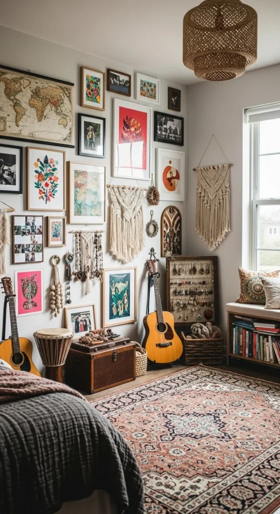 7 Modern Bohemian Bedroom Decor Ideas Boho bedroom with gallery wall and hanging macramé