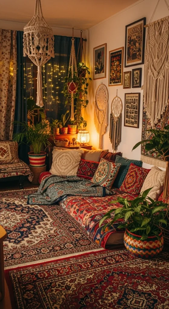 7 Inspirational Aesthetic Bedroom Design Ideas Boho bedroom with layered textiles, plants, and fairy lights