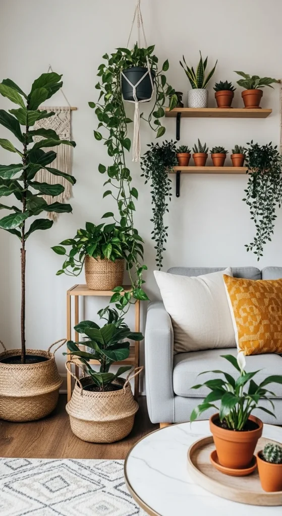 7 Gorgeous Modern Boho Living Room Ideas to Inspire You Boho living room filled with hanging and potted indoor plants
