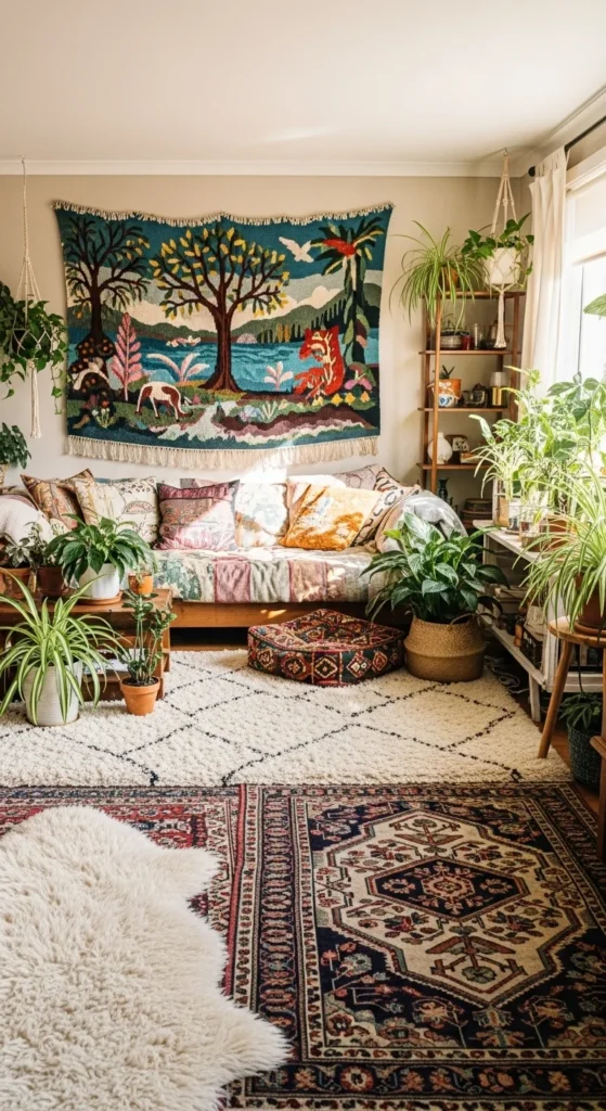9 Living Room Wall Art Ideas You’ll Love Boho living room with a large decorative wall tapestry