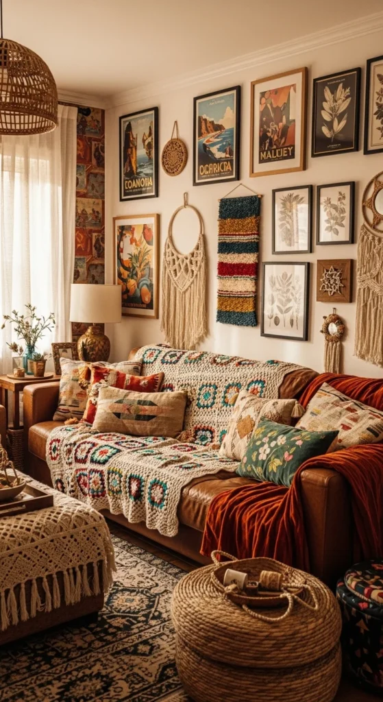 10 Cozy and Stylish Brown Couch Living Room Ideas Boho living room with brown couch and vibrant patterns
