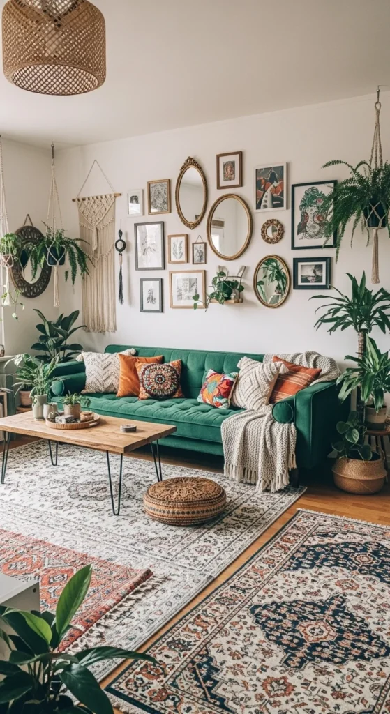 5 Stylish Green Sofa Living Room Ideas Boho living room with green sofa, bold textiles, and earthy accents