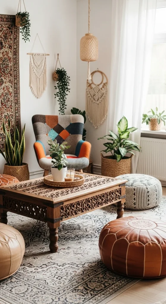 7 Gorgeous Modern Boho Living Room Ideas to Inspire You Boho living room with unique vintage and low-profile furniture