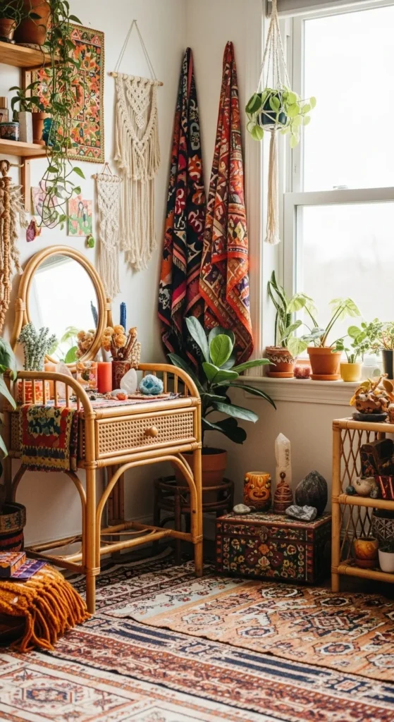 10 Bedroom Vanity Ideas You'll Want to Have Boho vanity with rattan, textiles, and natural light