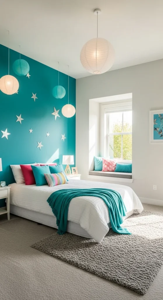 Bold accent wall in a fun and colorful bedroom