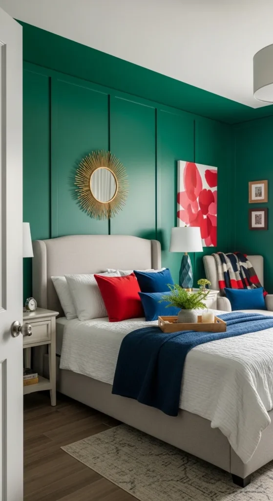 7 Unique Bedroom Design Ideas Bold bedroom with green accent wall and colorful decor