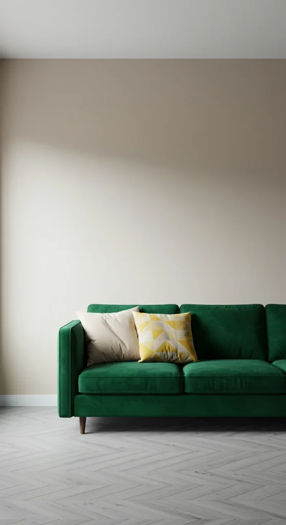 7 Living Room Sofa Ideas That Transform Your Space Bold emerald green sofa with geometric pillows in a modern living room
