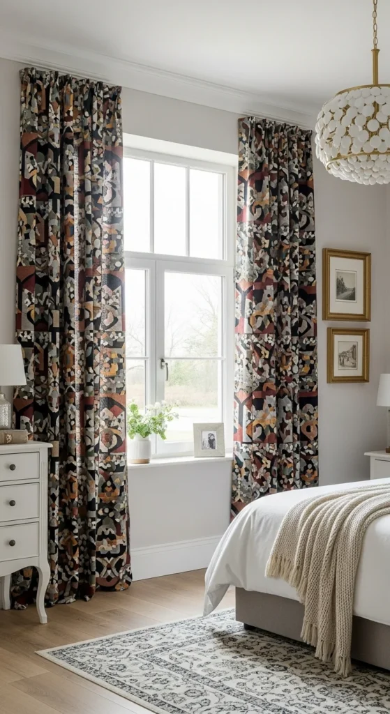 7 Chic Bedroom Curtain Ideas for a Peaceful Night’s Sleep Bold patterned curtains making a stylish statement in bedroom