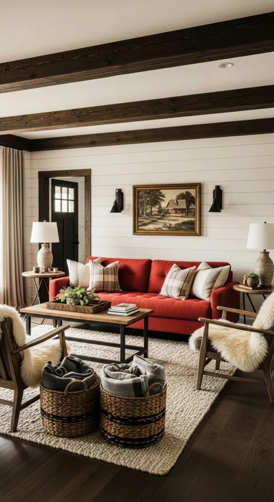 7 Vibrant Living Room Colors for Farmhouse Charm Bold red sofa in a farmhouse-style living room with shiplap walls