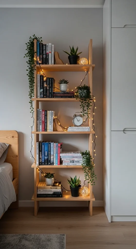 10 Fairy Lights Bedroom Ideas That We Are Loving Bookshelf decorated with fairy lights wrapped around books and plants