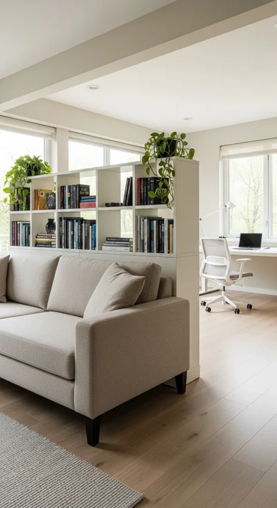 7 Stylish Living Room Partition Ideas You’ll Love Bookshelf sofa dividing a living room and home office