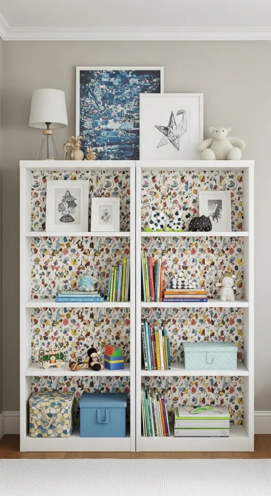 6 Super Simple Kids Bedroom Ideas Bookshelf with wallpaper backing and kids' books and toys