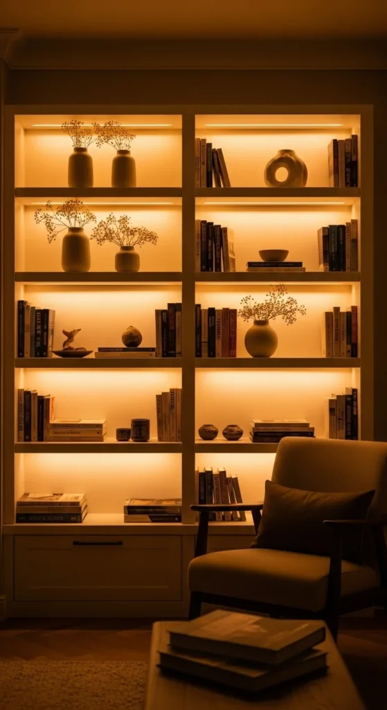 8 Best Living Room Shelving Ideas Bookshelves with built-in lighting in a cozy living space