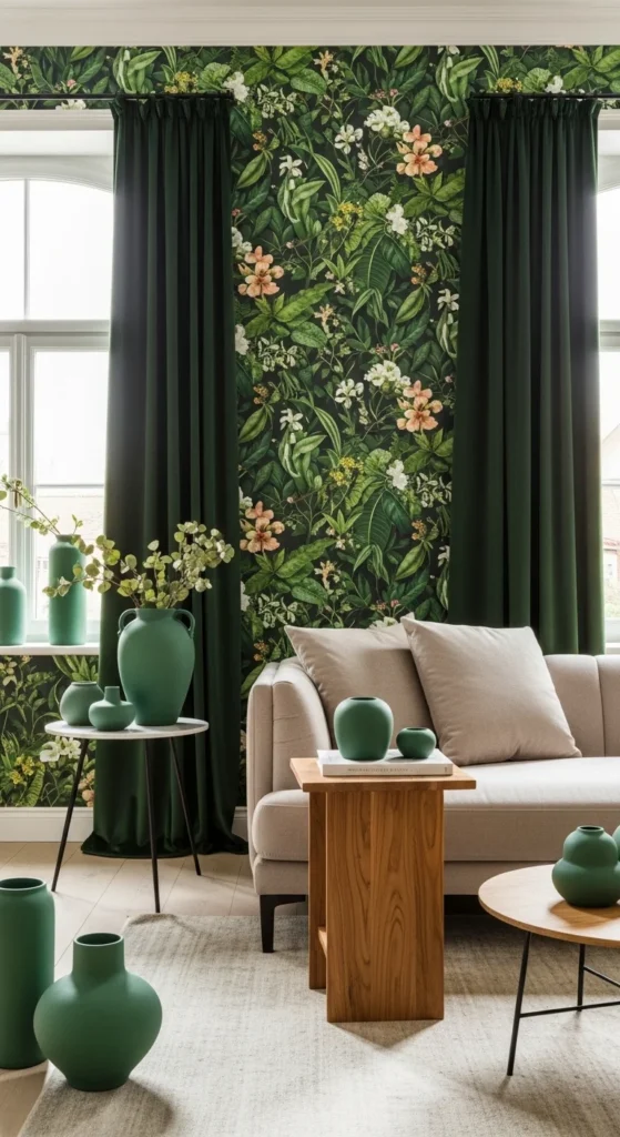 7 Dark Green Living Room Ideas Botanical-themed living room with green accents and prints