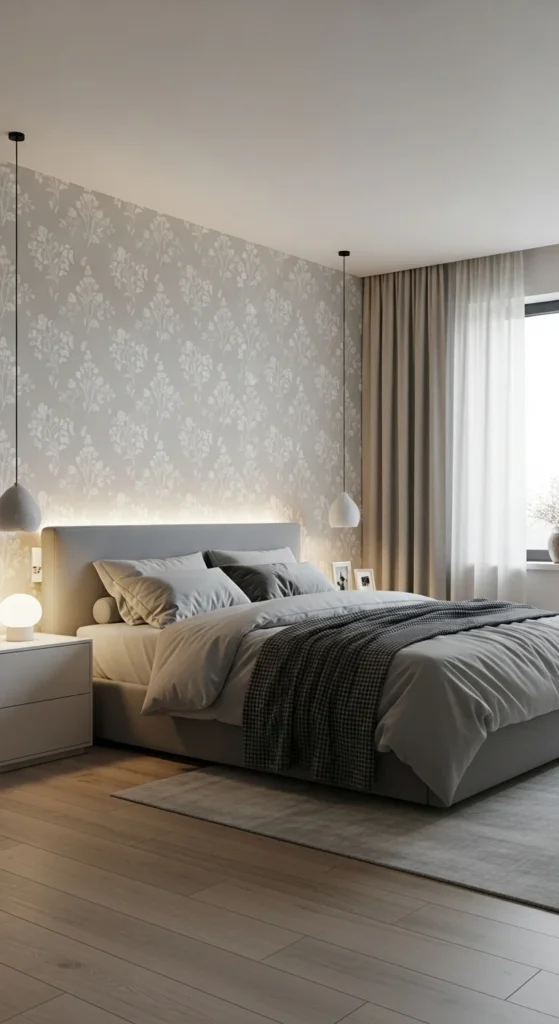 8 Trendy Bedroom Wall Accents With Backlit Magic Botanical wallpaper with soft backlighting in bedroom