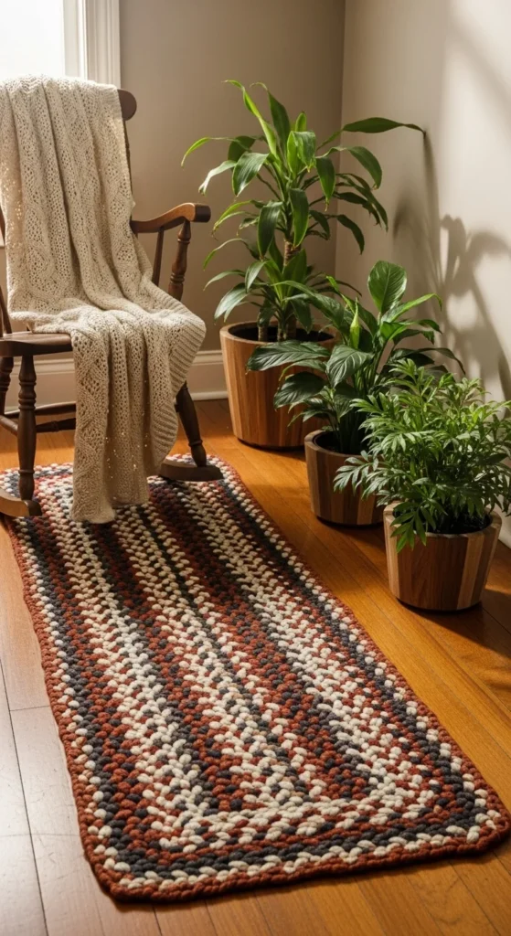 7 Cozy Country-Style Living Room Rug Ideas Braided textured runner next to cozy country reading nook