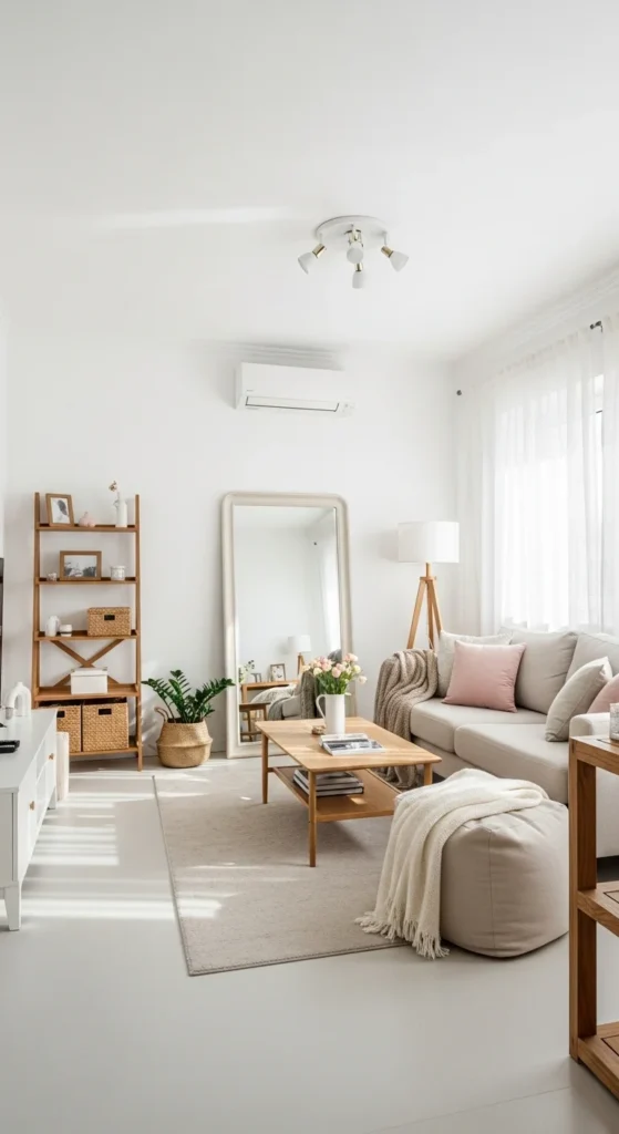 Bright apartment living room with light colors and mirror
