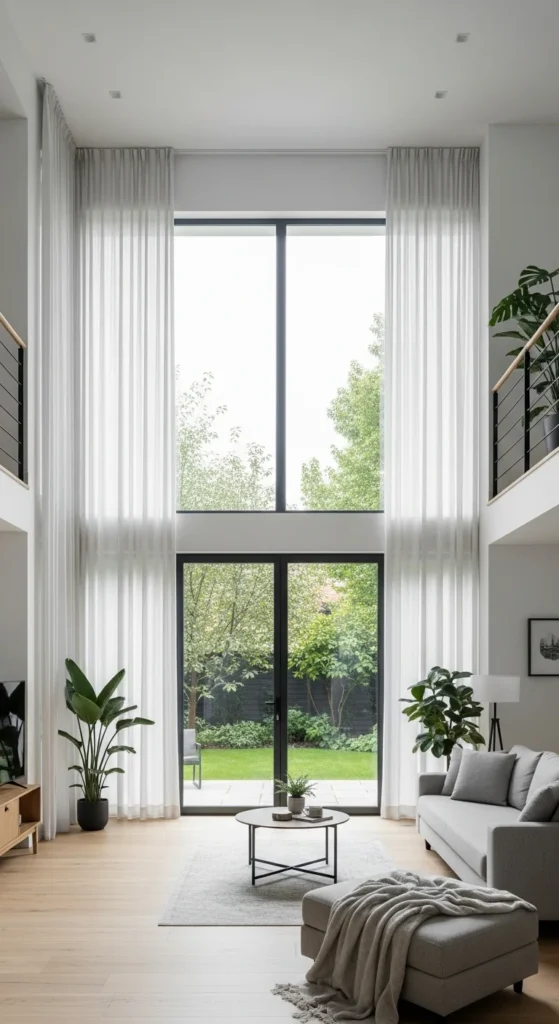 6 Stunning Double-Height Living Room Design Ideas Bright double-height living room with floor-to-ceiling glass windows