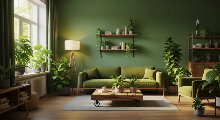 Bright green living room with plants, eco décor, and sunlight