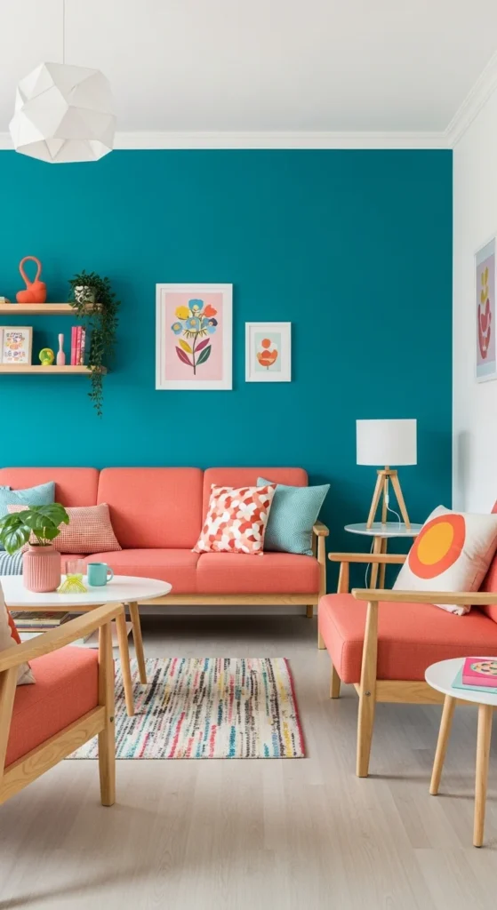 Top 8 Living Room Color Combinations That Inspire Bright living room with teal wall and coral accents
