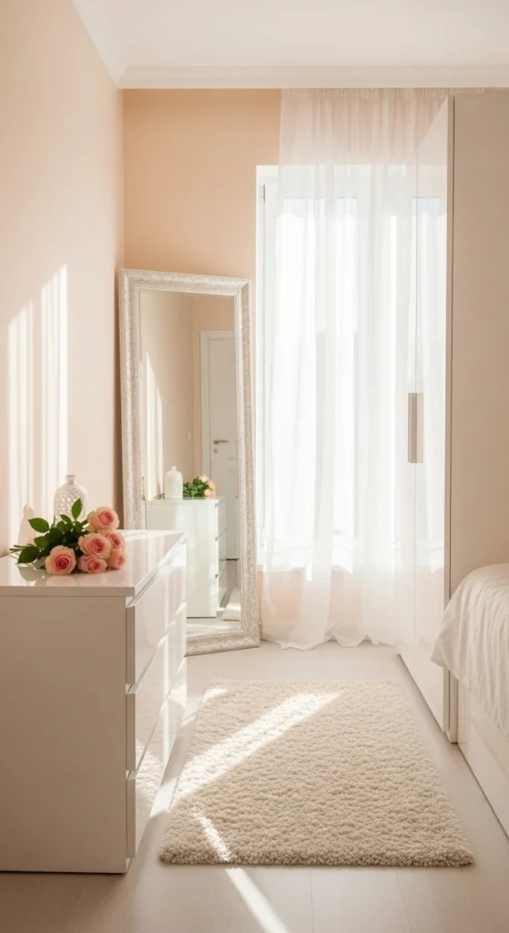 8 Stylish Small Bedroom Ideas Bright small bedroom with mirror and glossy white furniture