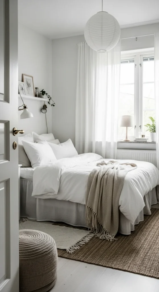 6 Awesome Bedroom Wall Colors for Tiny Rooms Bright small bedroom with soft white walls and minimalist decor