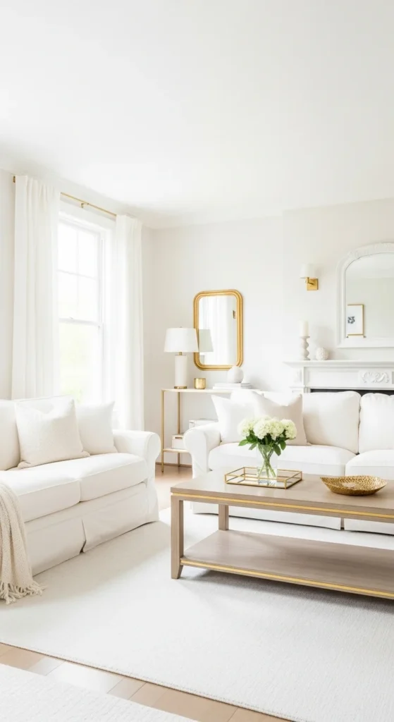 7 Beautiful Living Room Paint Ideas Bright white living room with layered textures and ivory-painted walls