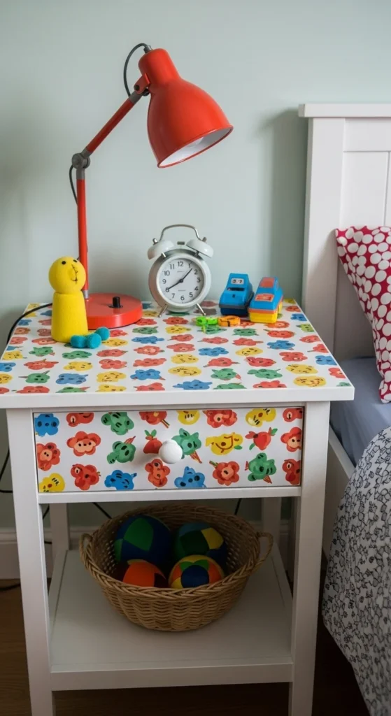 6 Super Simple Kids Bedroom Ideas Brightly decorated kids' bedside table with wallpaper top