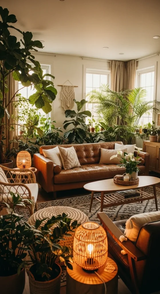 10 Cozy and Stylish Brown Couch Living Room Ideas Brown couch living room with greenery and natural materials