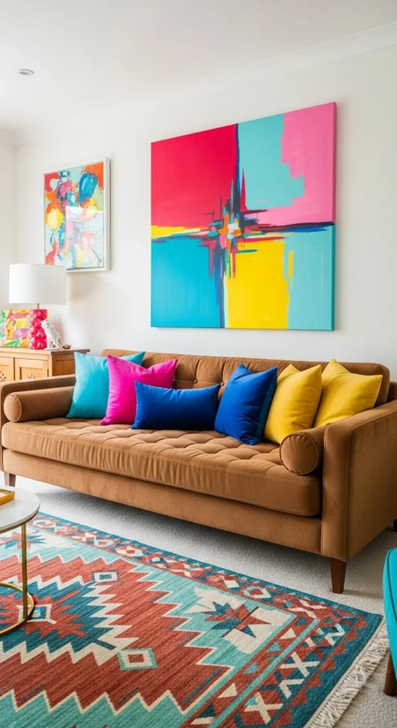 10 Cozy and Stylish Brown Couch Living Room Ideas Brown couch with bright accents and colorful living room decor