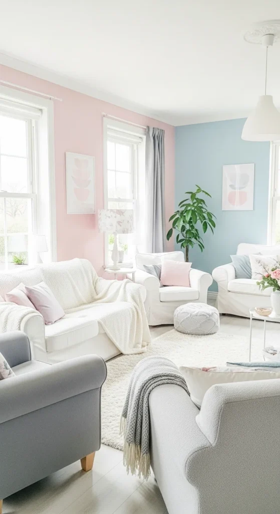7 Beautiful Living Room Paint Ideas Calm and serene pastel living room with pink and blue painted walls