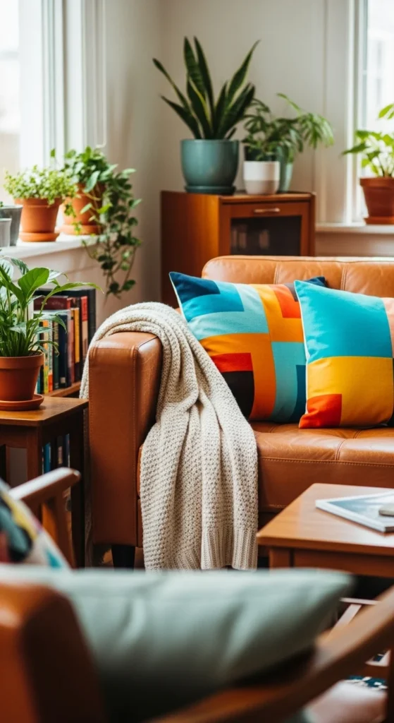 5 Stylish Leather Couch Living Room Ideas to Copy Now Caramel leather couch with colorful pillows and cozy blanket
