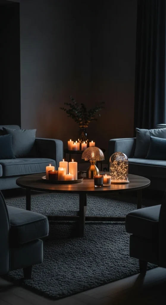 7 Showstopper Living Room Center Table Decor Ideas Center table with candles, lamp, and glowing lights