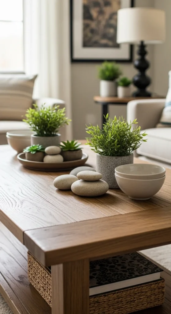 7 Showstopper Living Room Center Table Decor Ideas Center table with plants, stones, and natural materials