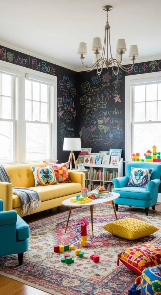 7 Stylish living room wall decor ideas Chalkboard wall in a colorful living room filled with doodles