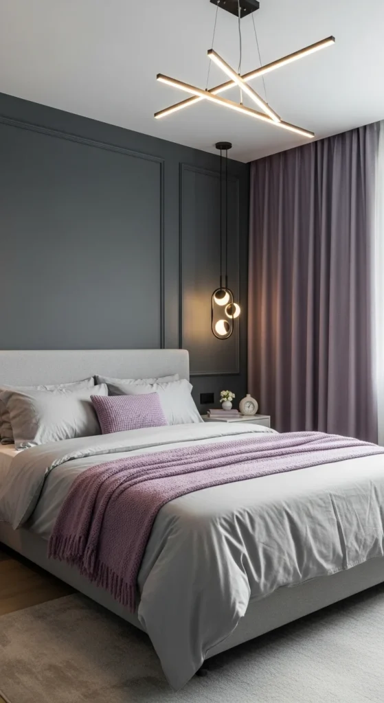 8 Best bedroom color combination ideas for a Dreamy Retreat Charcoal bedroom walls with soft lavender accents and bedding