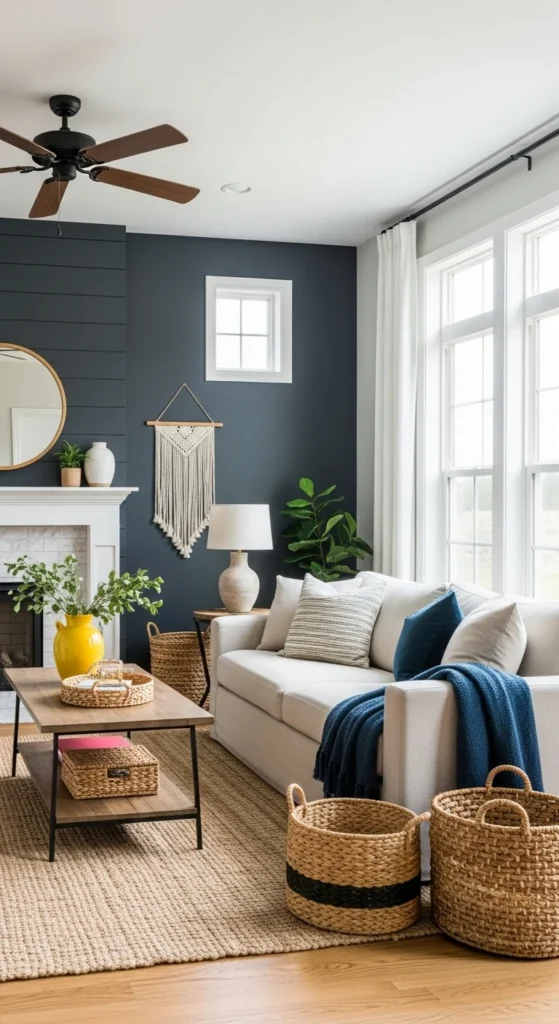 7 Vibrant Living Room Colors for Farmhouse Charm Charcoal gray wall with farmhouse-style decor in living room