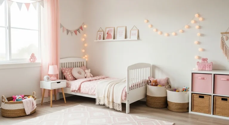 Charming toddler girl bedroom with budget decor in pastel tones
