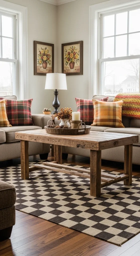 7 Cozy Country-Style Living Room Rug Ideas Checkered country runner with plaid accents in farmhouse decor