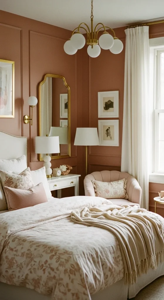 6 Awesome Bedroom Wall Colors for Tiny Rooms Chic small bedroom with dusty rose walls and elegant accents