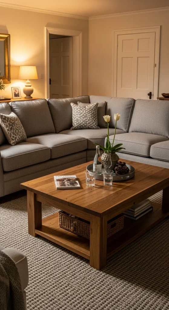 7 L-Shaped Sofa Living Room Designs Classic gray L-shaped sectional sofa in a cozy, traditional living room
