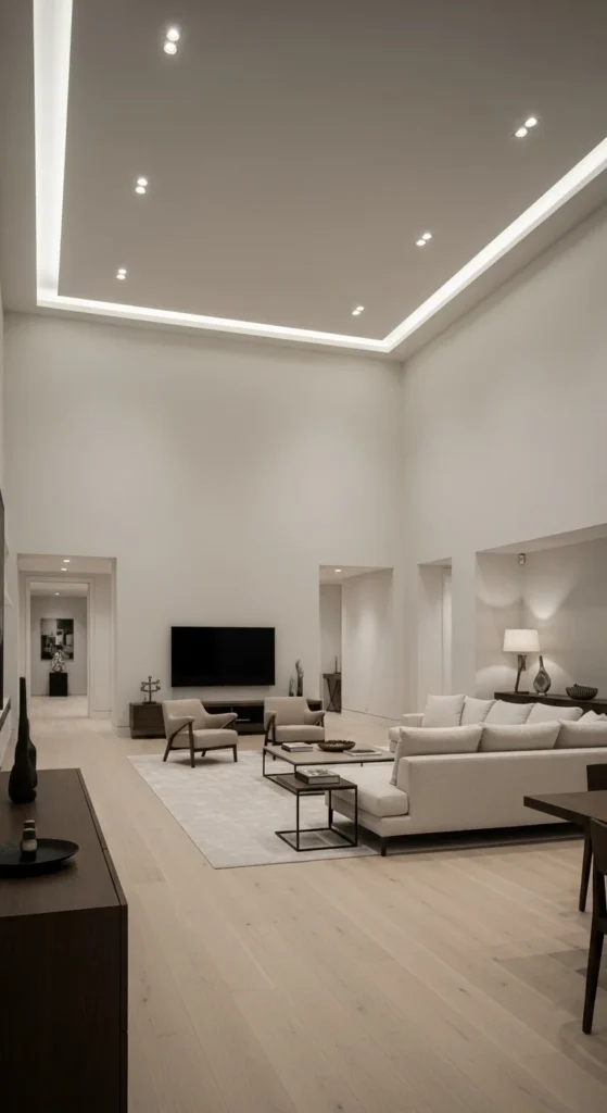 9 High Ceiling Living Room Lighting Ideas Clean, recessed ceiling lights in a high-ceiling living room
